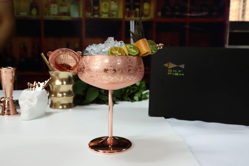 Skyfish Sky Fish 14 oz Etching Martini Cocktail Glasse,Copper Plated Stainless Steel,Set Of 2 With 2 Cocktail Picks - Image 5
